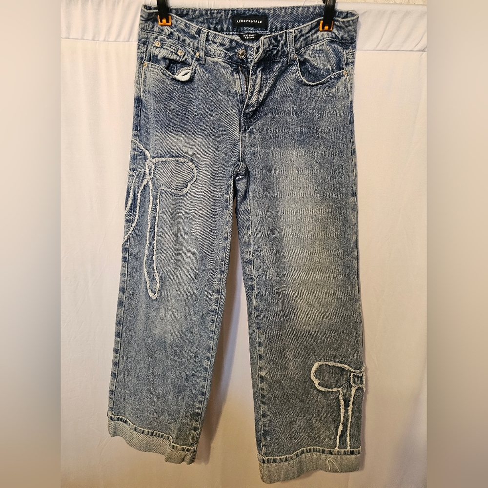 Aeropostale Light Wash Straight-Leg Jeans with Bow Appliqués